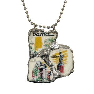 Broken China Pendant Alabama State Commemorative Plate Artisan Metalwork Bezel